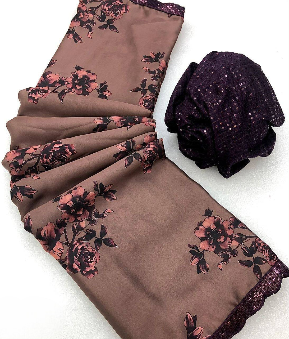 Georgette Satin Floral Digital Printed Saree - Mauve Brown
